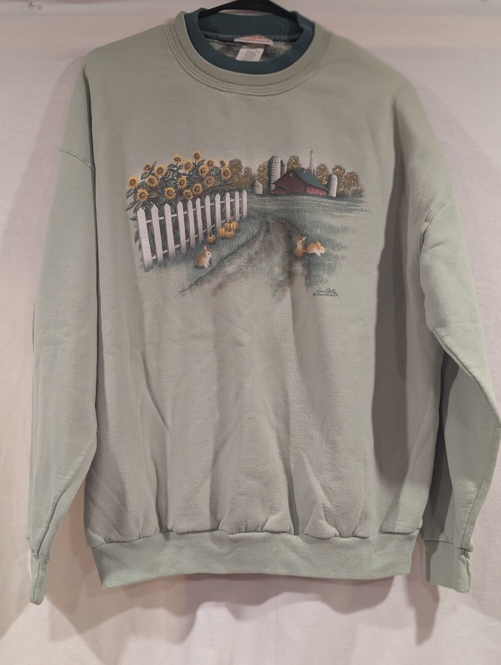 Vintage Morning Sun XL Sweatshirt Cottagecore Barn Sunflowers Rabbits Green